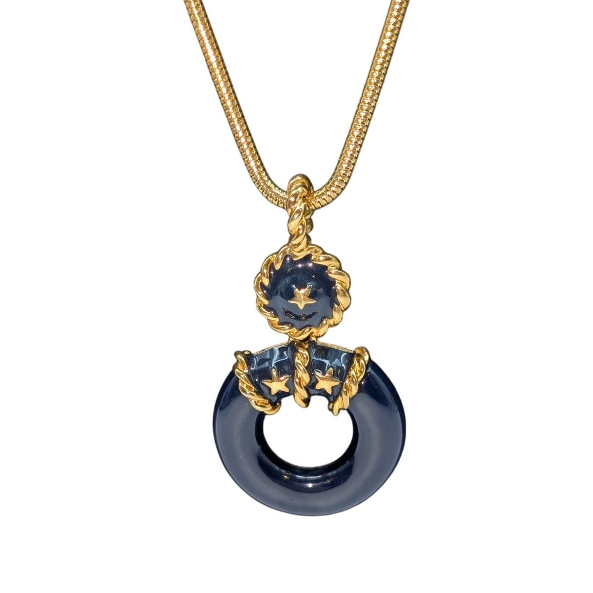 Nautical Navy Enamel Life Preserver Pendant Gold Tone Long Snake Chain Necklace