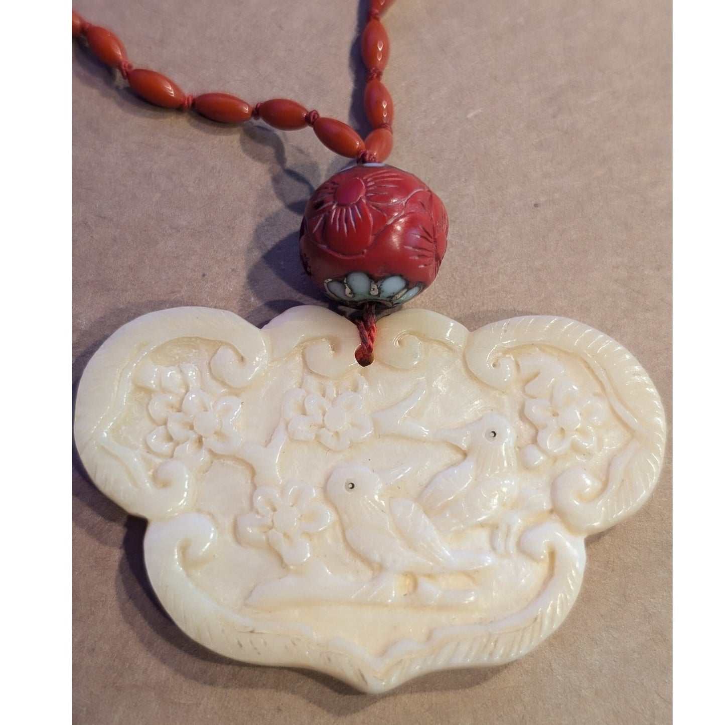 Antique Carved Birds Asian Medallion Hand-Knotted Beaded Necklace