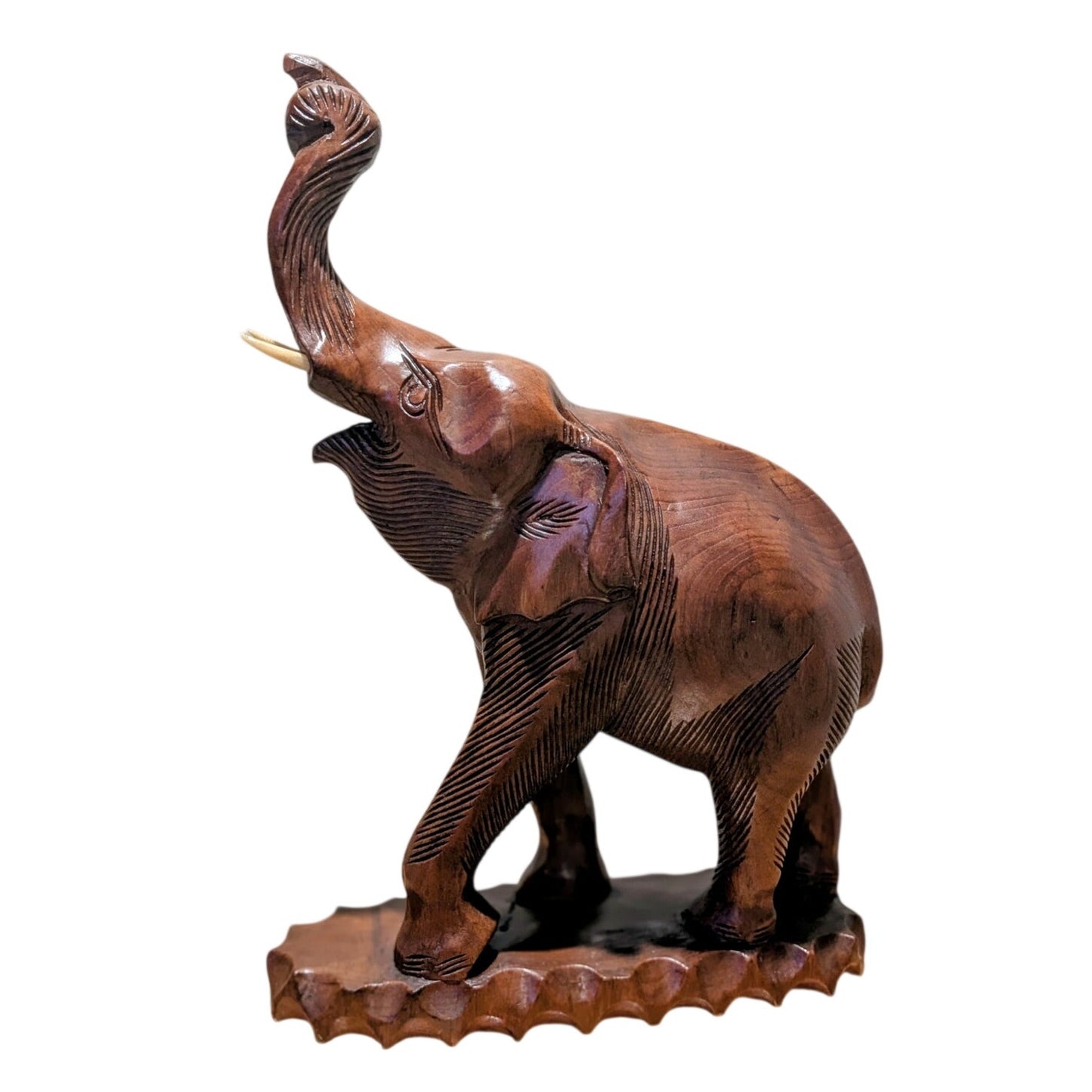 VTG Mid 20th Century Hand Carved Trunk Up Tusked Wooden Elephant Sculpture