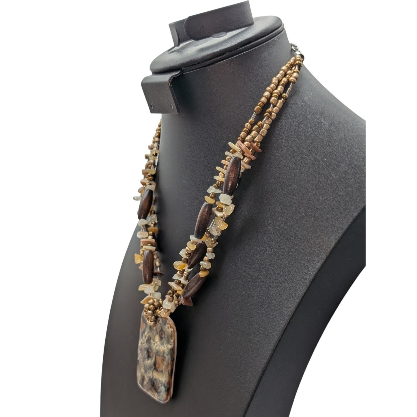 Vtg Cg Gold Tone Wood Stone Glass Pendant Triple Strand Bead Necklace