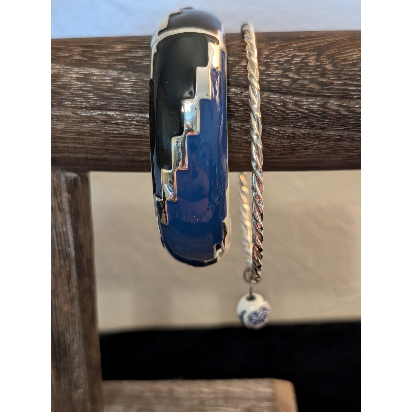Two Bangle Lot Blue Cream Black Enamel Clamper & Twisted Bangle W/ Charm