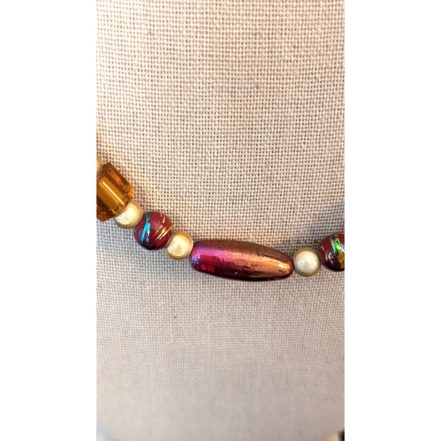 Vintage Metallic Drawbench, Square Lampwork, Art Glass 925 Clasp Bead Necklace