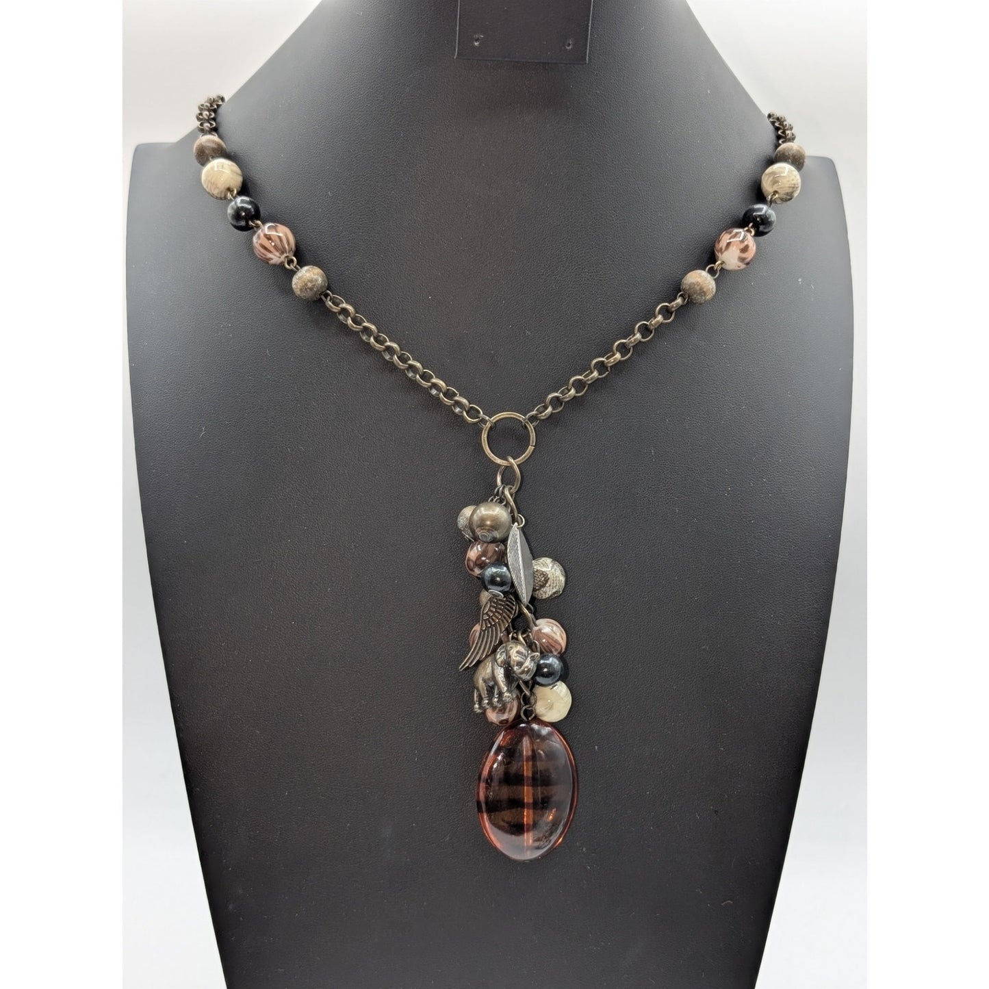 Antiqued Chain Animal Print Beaded Charm Cluster Drop 30" Necklace