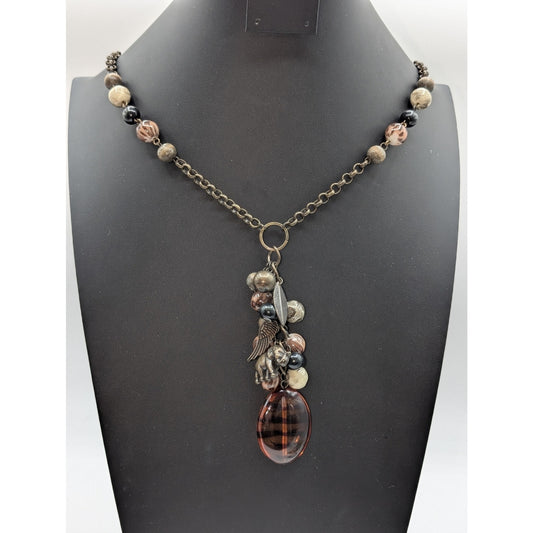 Antiqued Chain Animal Print Beaded Charm Cluster Drop 30" Necklace