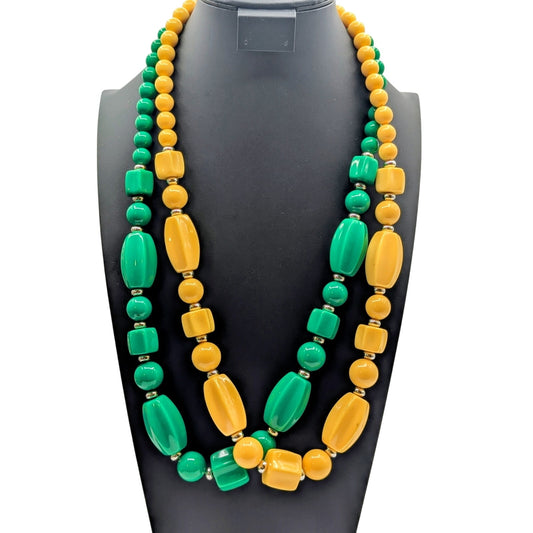 Vtg Lot of Two Green & Yellow Acrylic & Silver Tone Beaded Approx 30" Necklaces