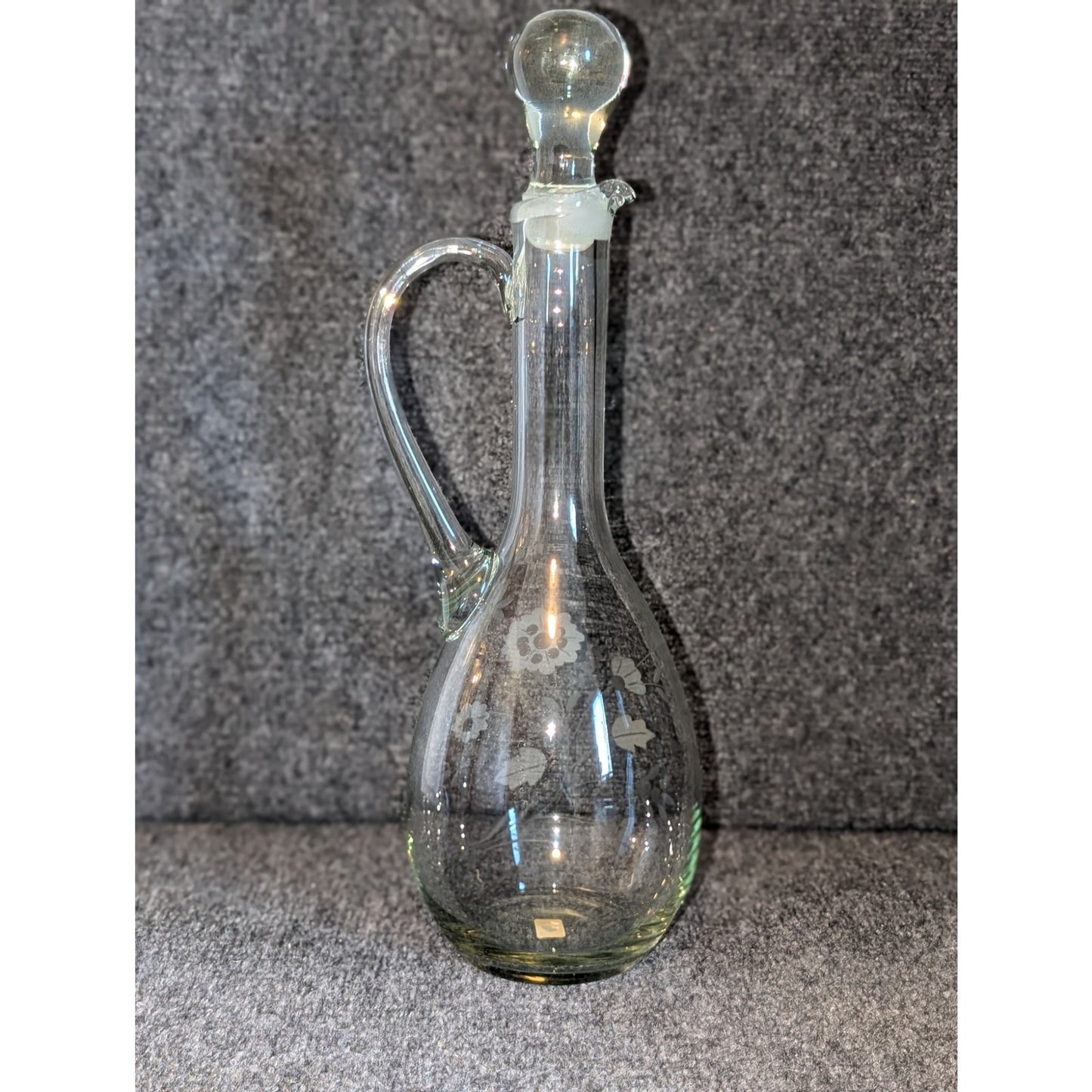 Vintage Made in Peru Floral Etched Glass Tall Decanter W/ Stopper