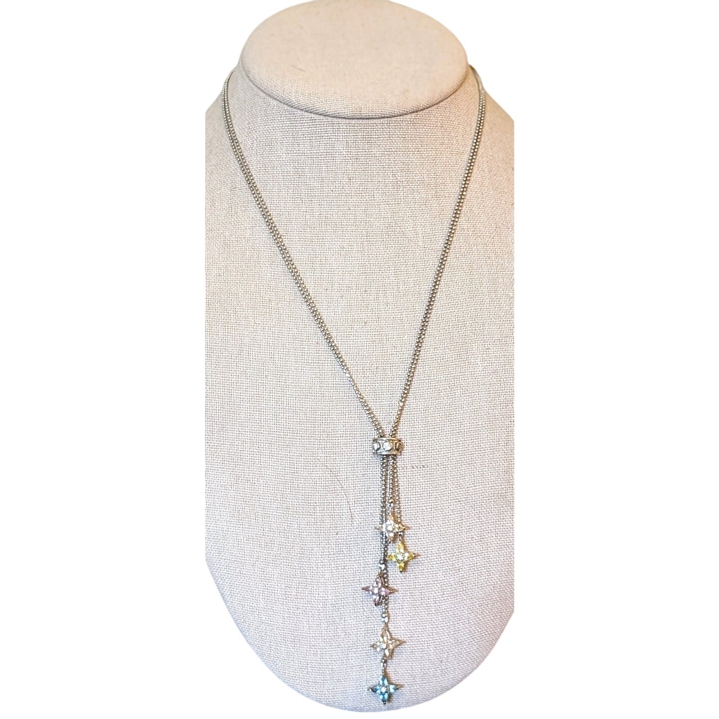 Kiam Family Double Silver Tone Beaded Chain Multi Crystal Star Dangle Necklace