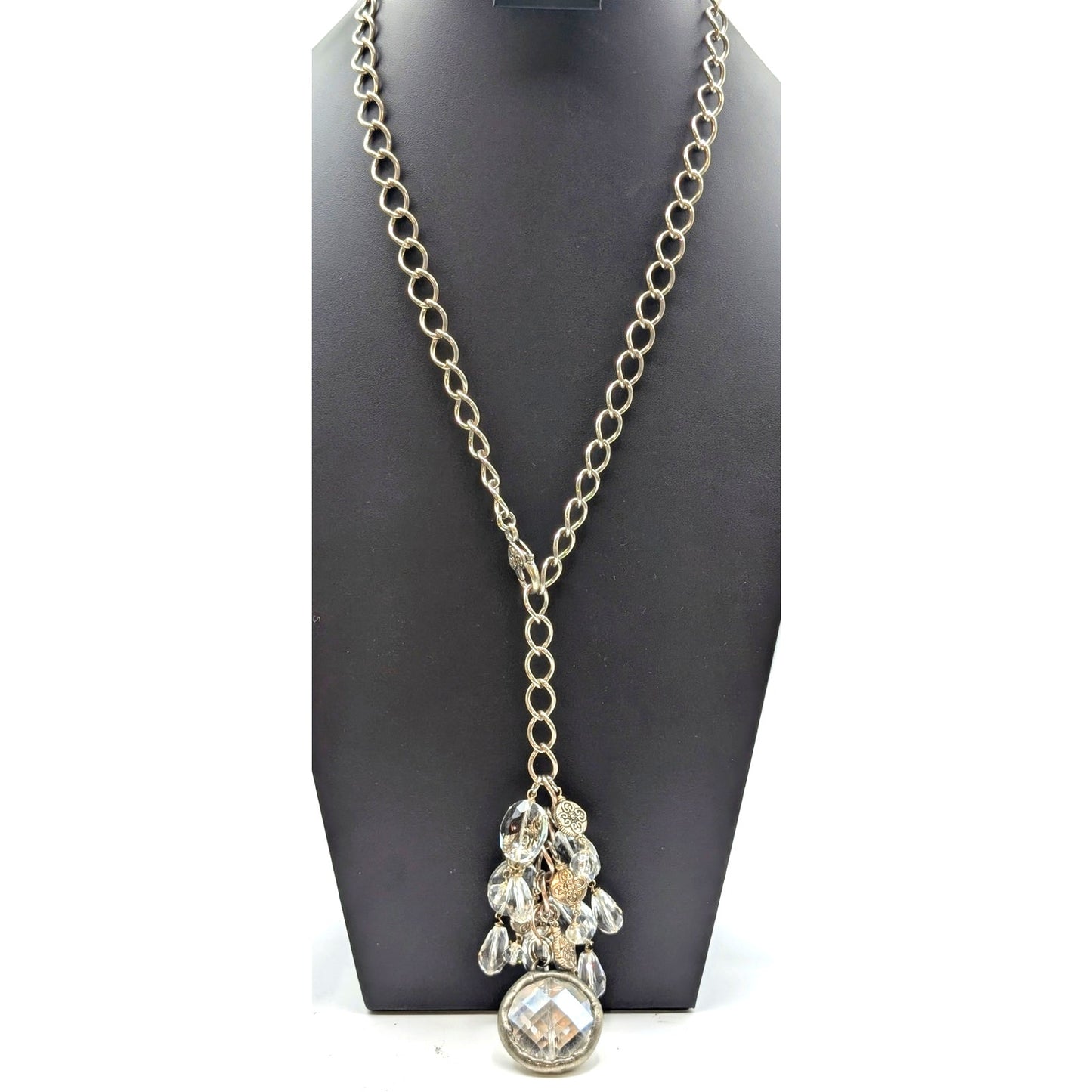 Chunky Silver Tone Faceted Crystal and Glass Cluster Tassel 27" Chain Necklace