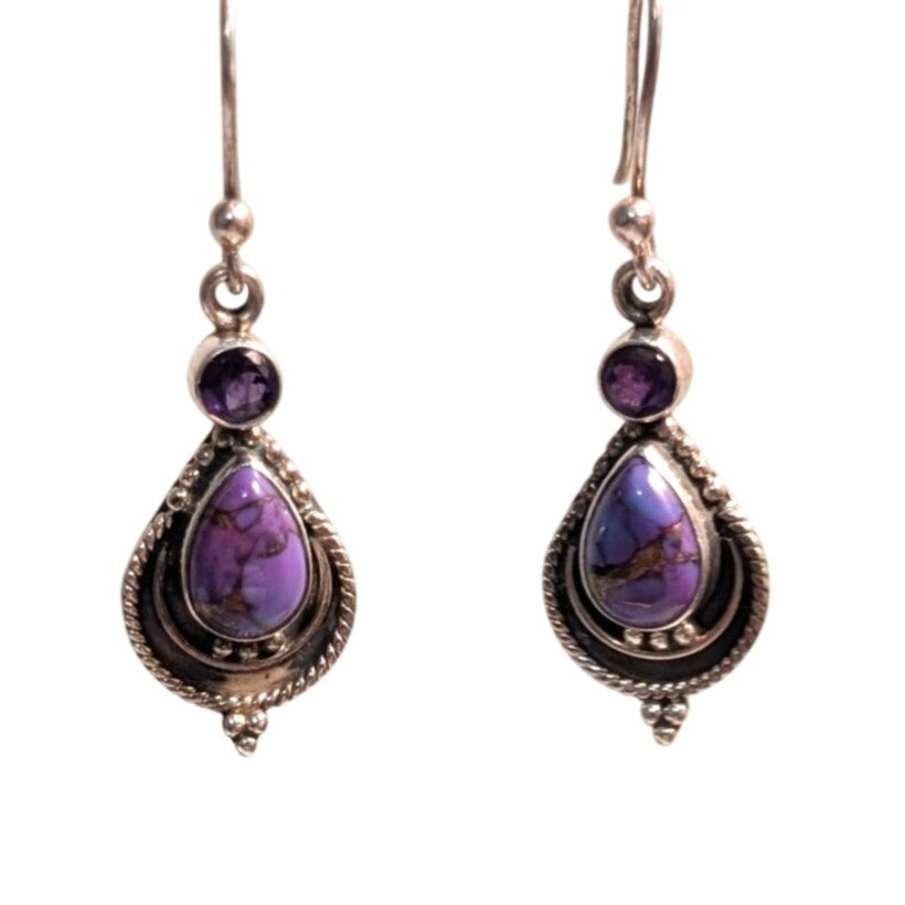 Vtg Purple Stone Purple Amethyst Gemstone 925 Sterling Silver Dangle Earrings