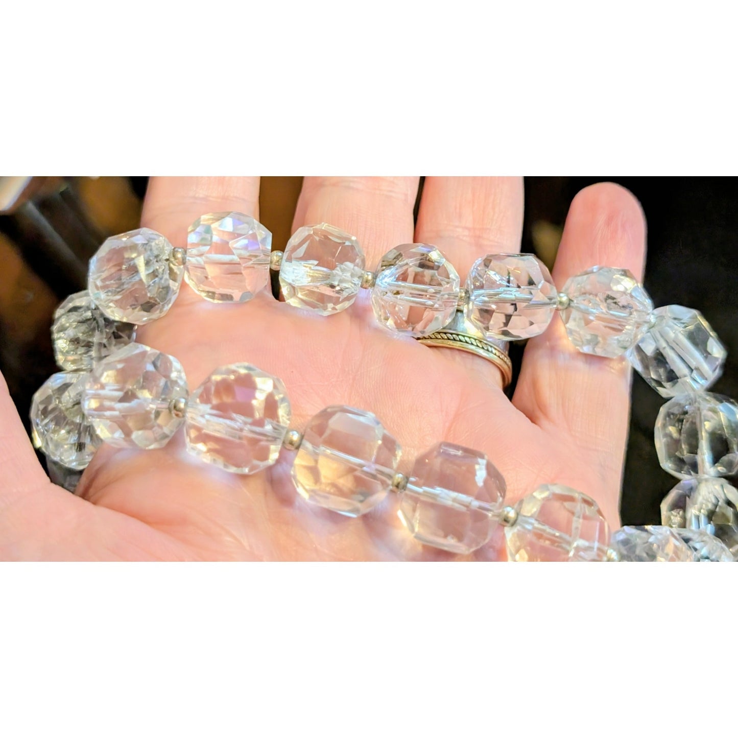 Vtg 925 Sterling Chunky Faceted Cut Rock Crystal Quartz Toggle Clasp Necklace