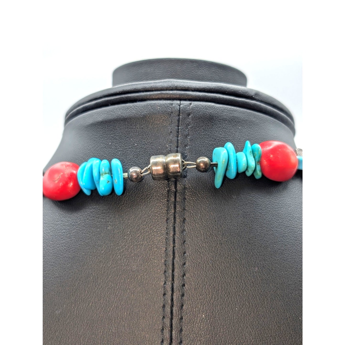 925 Sterling Sliver Modern Southwestern 16" Necklace w/ Coral & Turquoise 50.5g