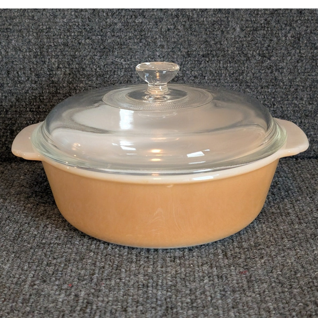 Vtg Anchor Hocking Fire King 447 Peach Lustre 1.5 Quart Casserole Dish W/ Lid