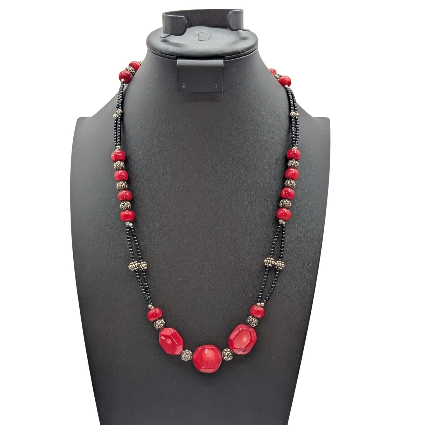 Heavy Coral Black Glass & Silver Beaded 925 Sterling Toggle Clasp 27.5" Necklace