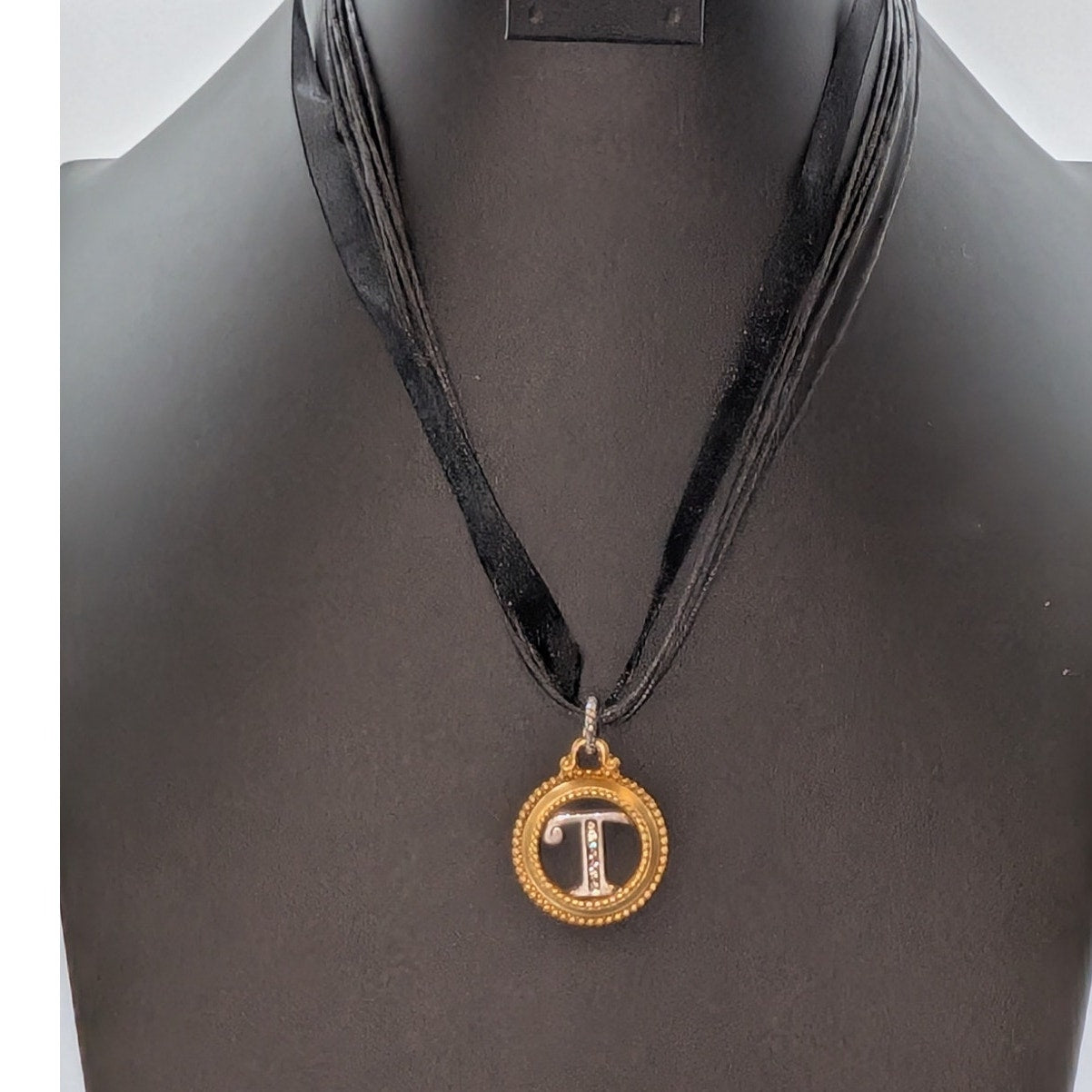 Brighton Silver & Gold Tone 'T' Monogram Pendant Ribbon Cord 18.5"-20" Necklace