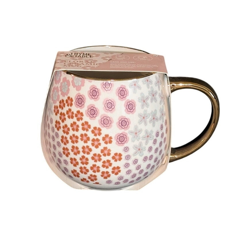 NWT Thyme & Table Pink Floral Ceramic 18 oz. Gold Trim Coffee Tea Mug