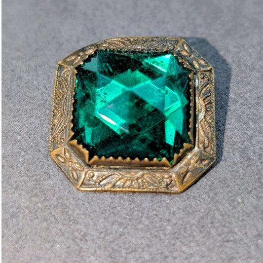 Antique C-Clasp Faceted Green Rhinestone Gold Tone Pin Brooch