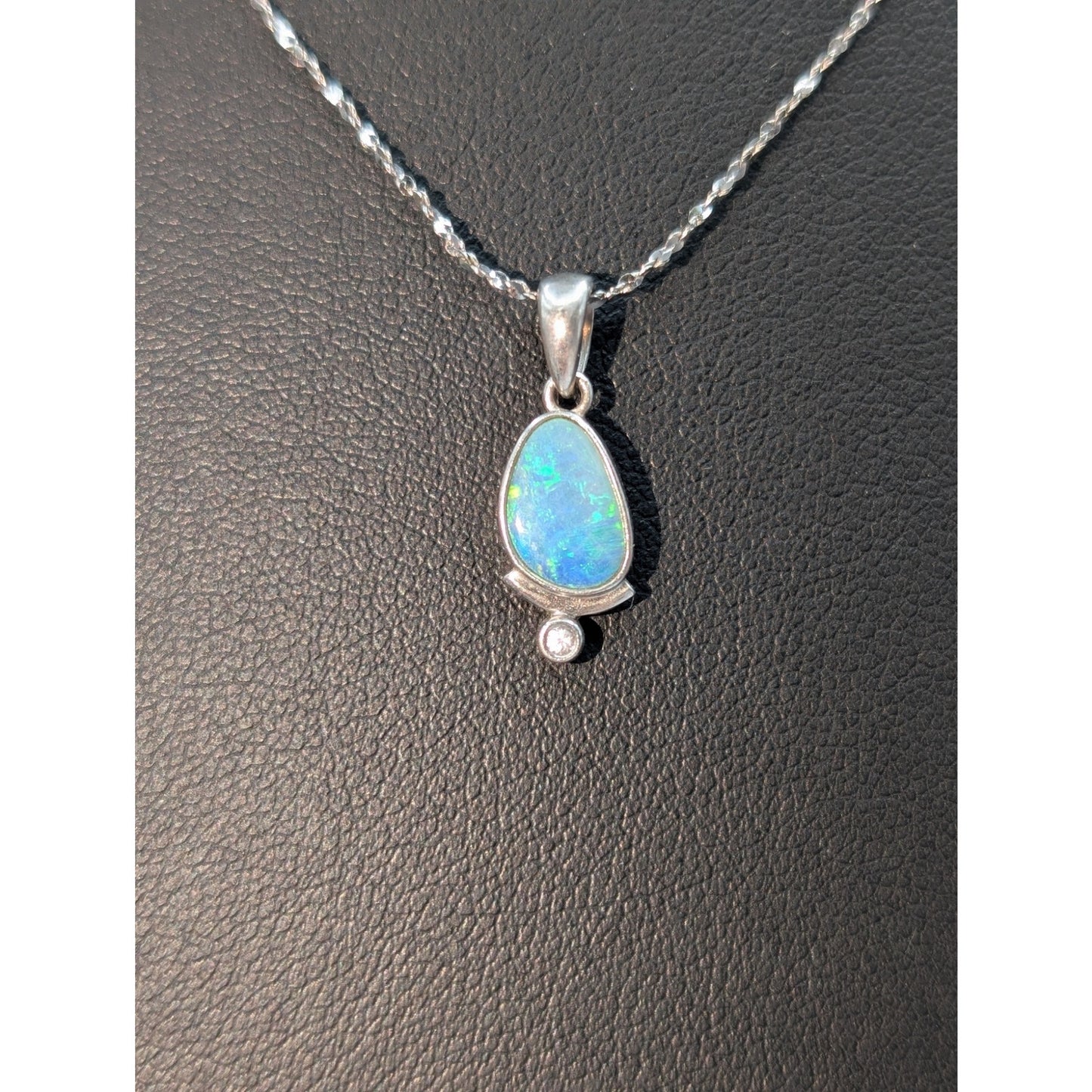 Vtg 925 Sterling Silver Opal White Sapphire Pendant 16" Sparkle Chain Necklace
