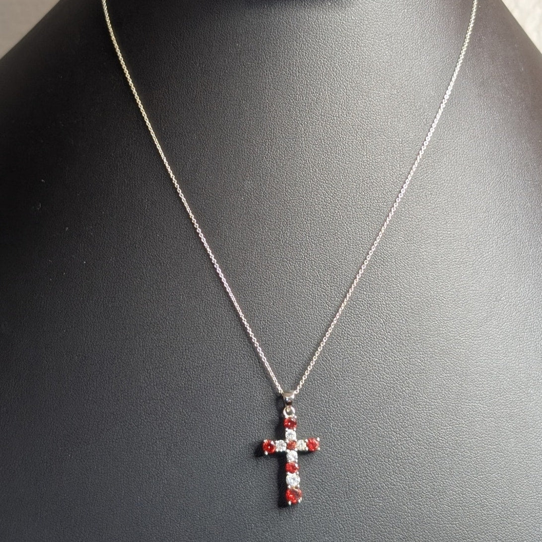 925 Sterling Silver Red & Clear Crystal Cross Pendant 18" Necklace