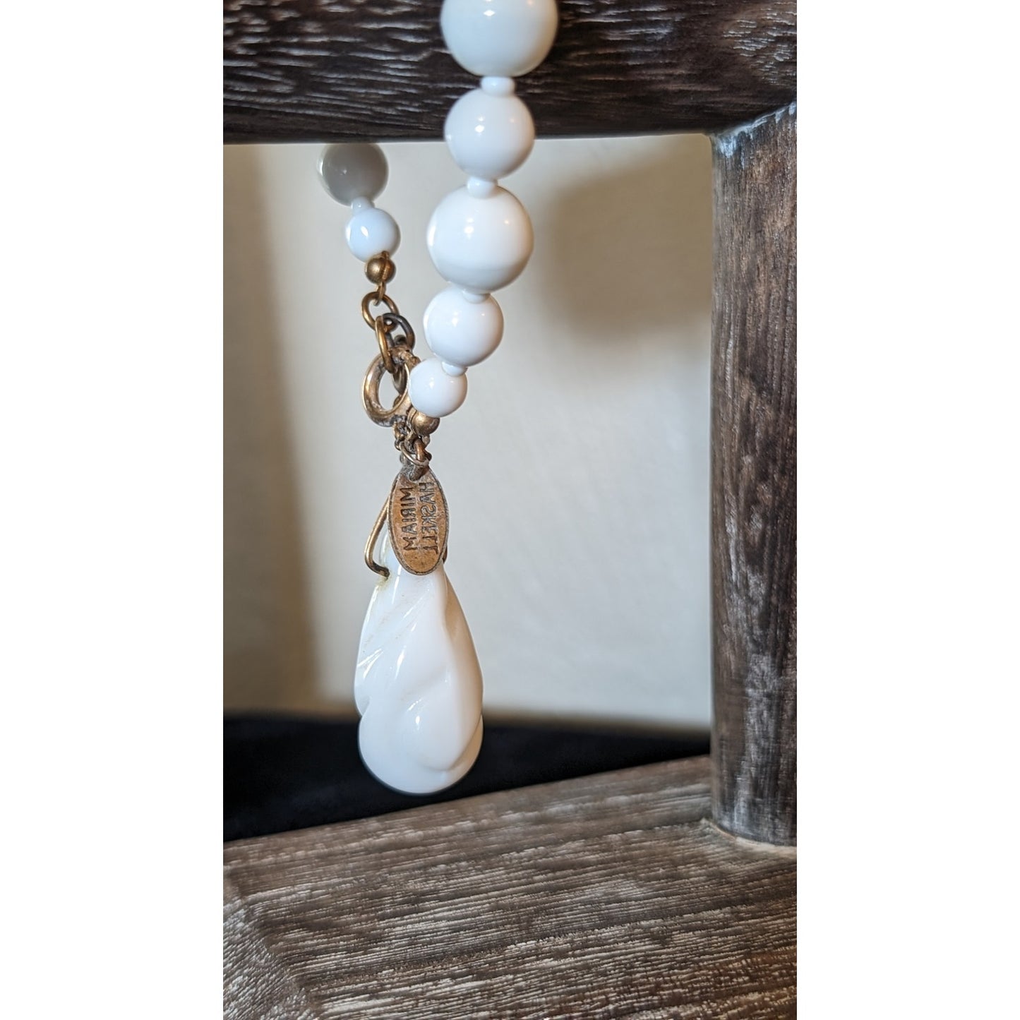Miriam Haskell White Milk Glass Bead Dangle Charm Safety Chain Signed Bracelet