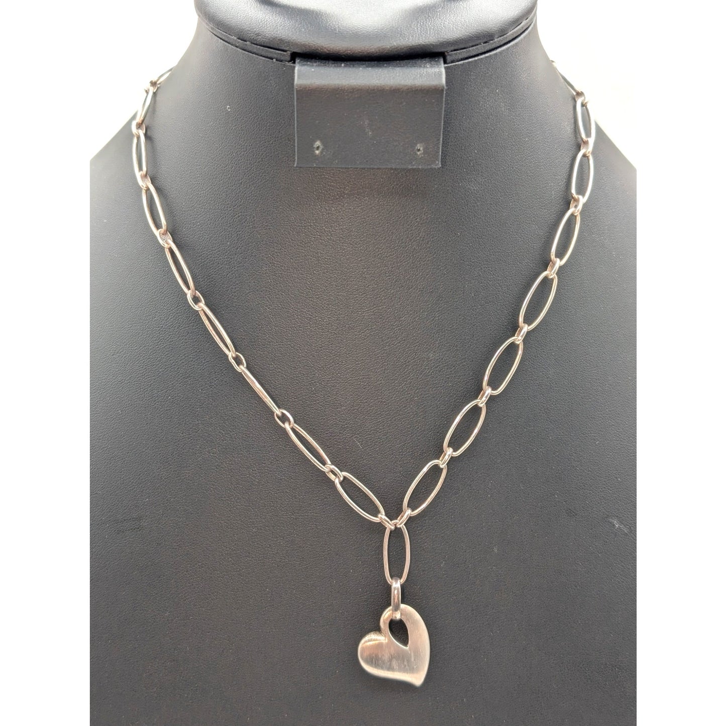 Vintage 925 Sterling Silver Heart Dangle Charm Oval Link Chain 18.25" Necklace