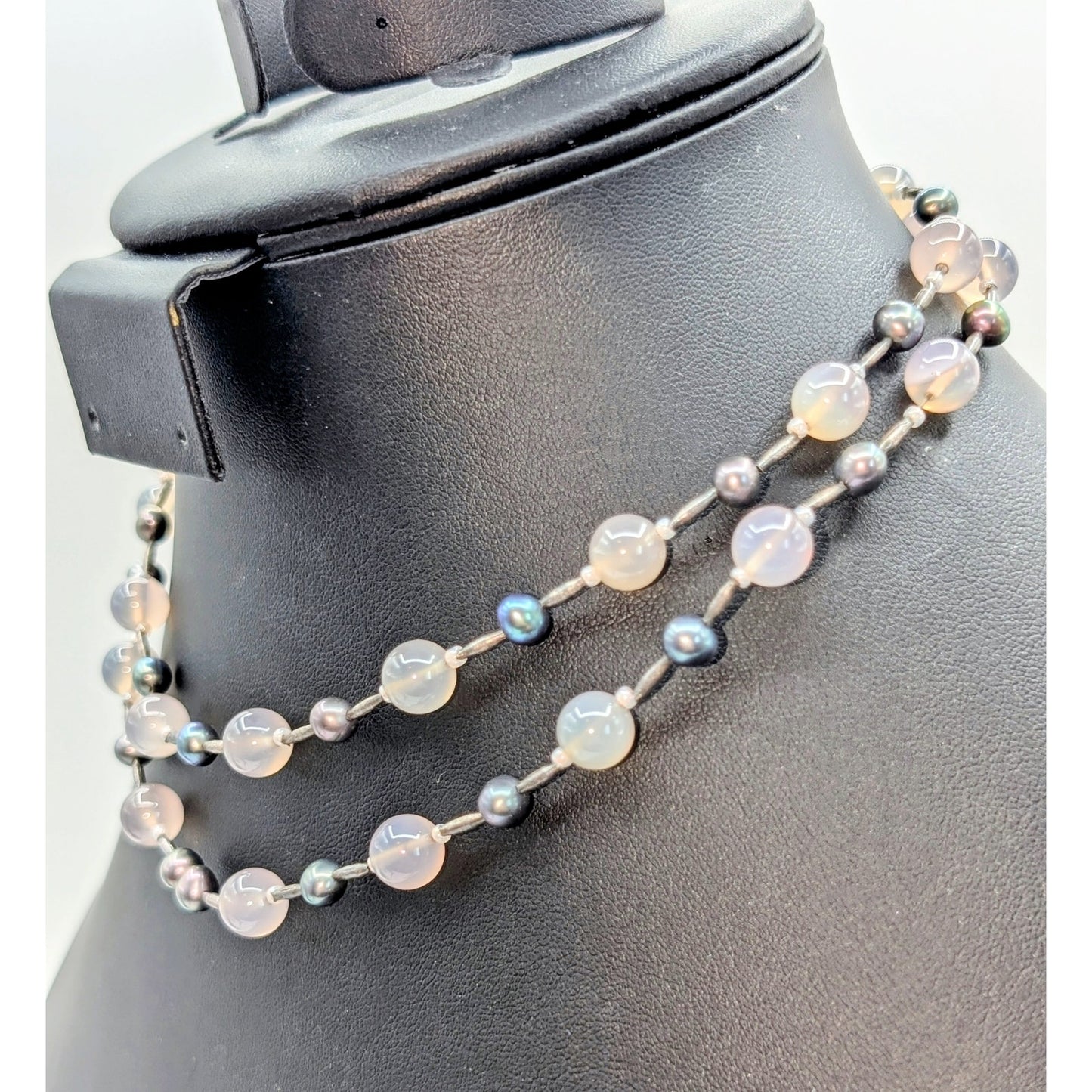 Vintage Opaque Glass & Pearl Bead Double Strand Hook Clasp 15" Necklace