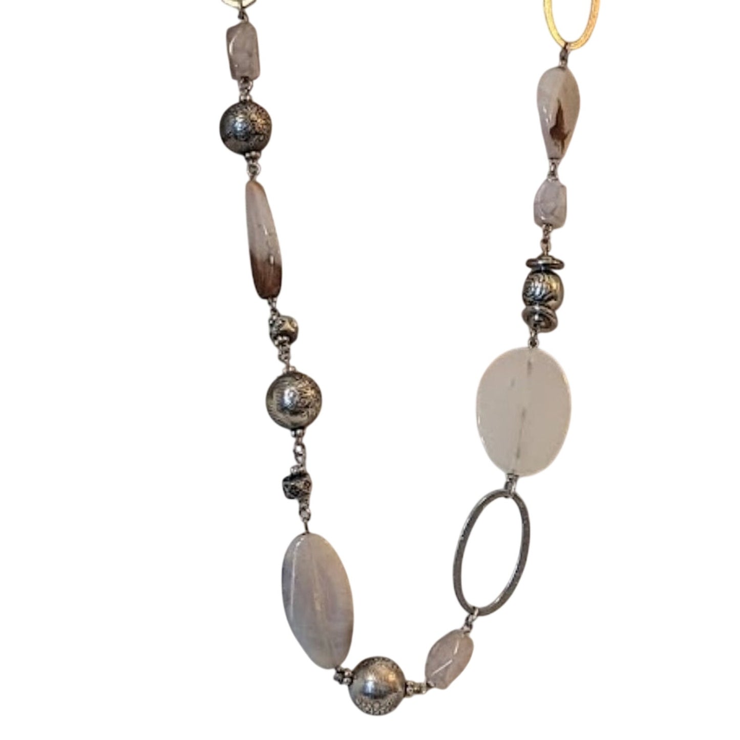 Gemstones, Silver Tone Balls and Beads, and Silver Tone Oval Necklace