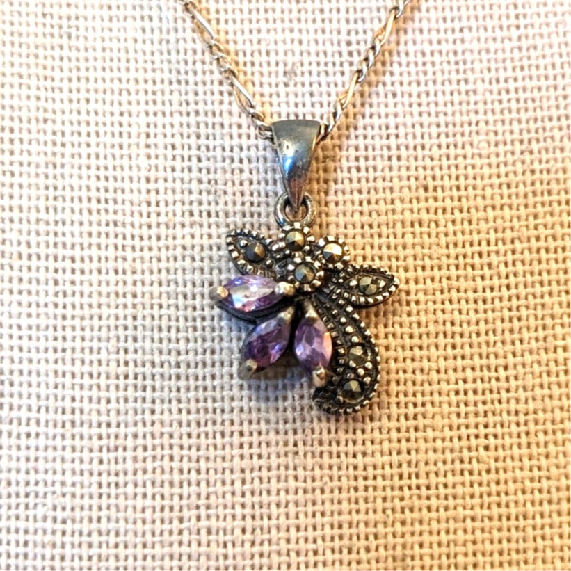 Vtg 925 Marked 'M' Marcasite & Three Purple Marquis Cut Crystal Pendant Necklace