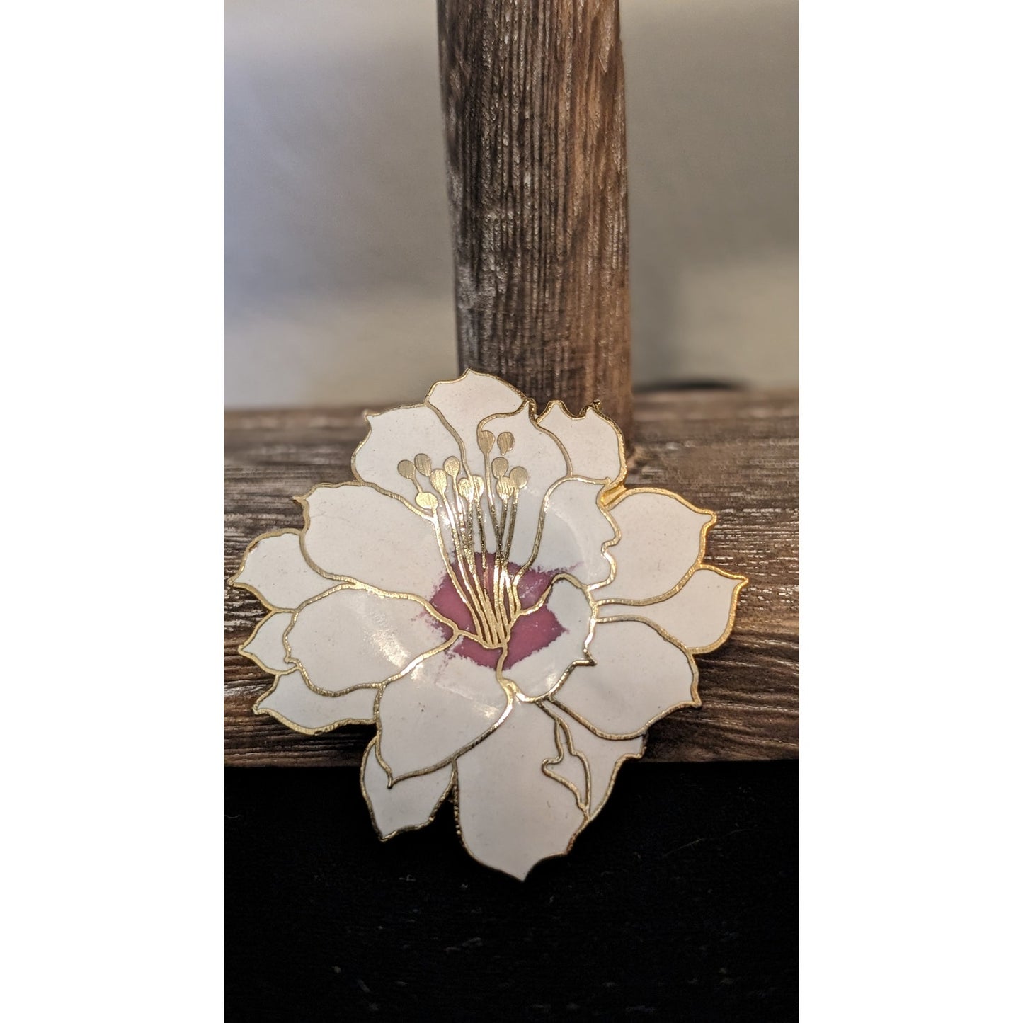 Vintage White Pink Gold Hibiscus Brooch