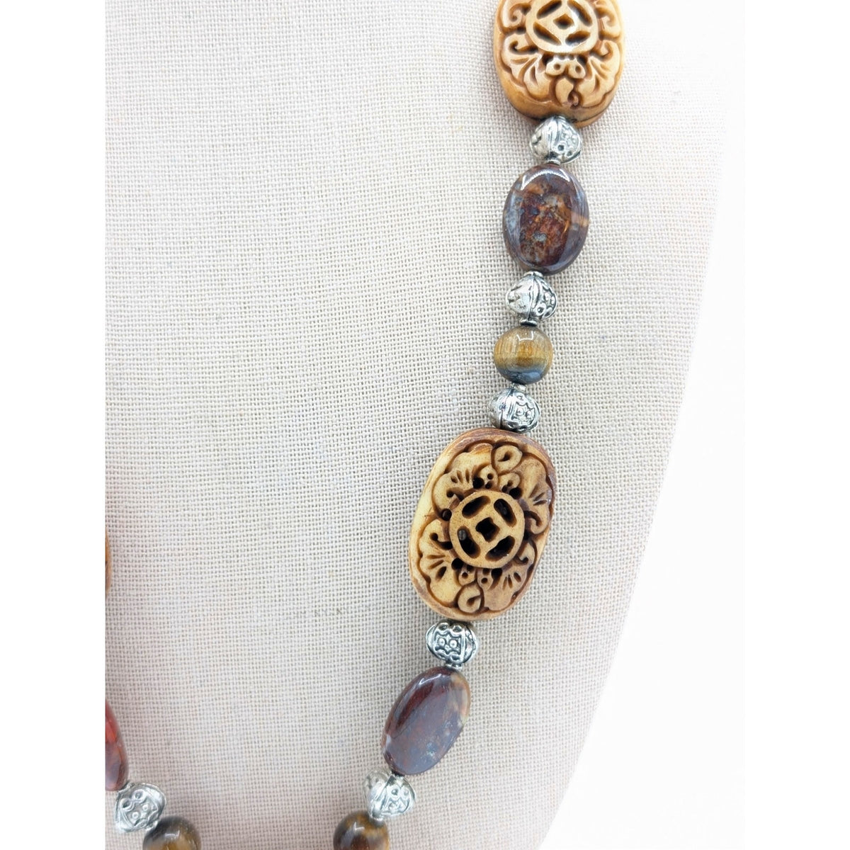 Silver Tone Jasper & Tiger's Eye Carved Resin & Carved Stone Pendant Necklace