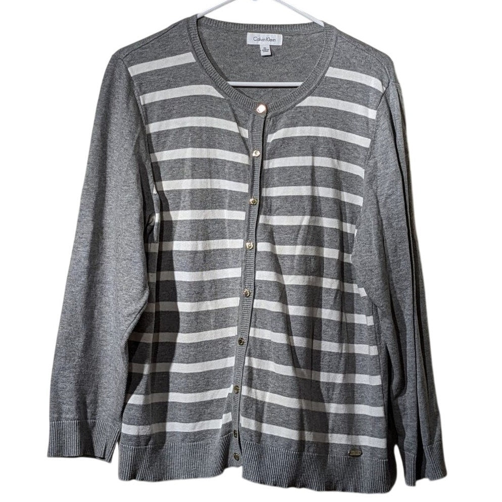 Calvin Klein Gray/White Striped Gold Button 3/4 Sleeve Cardigan Womens Sz XL