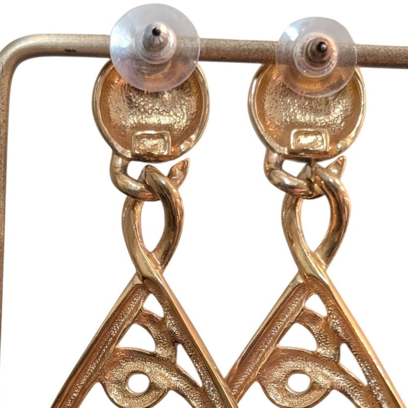 Vintage 80s Large Gold Plate Swirl Drop Triangle Dangle Pierced Earrings