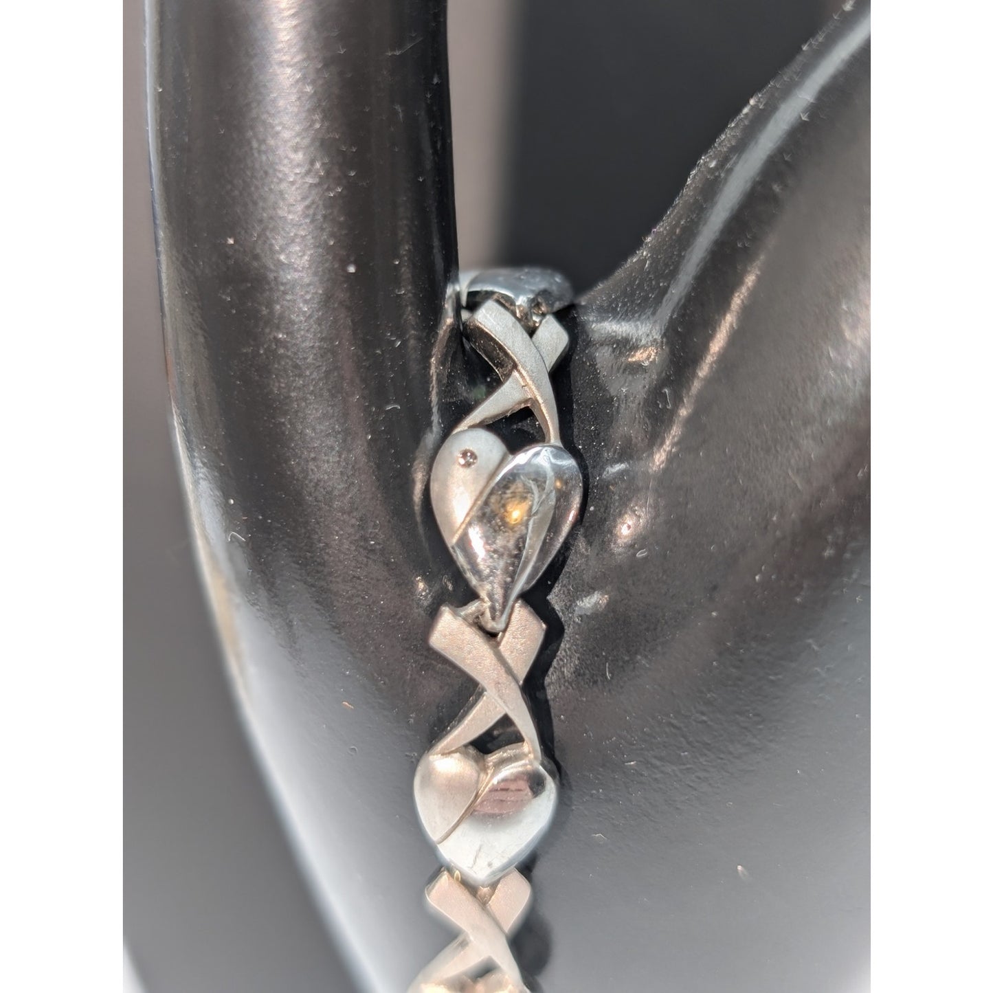 Vintage JC 925 Sterling Silver Diamond Accents Heart 'X' Link Bracelet 11.9g
