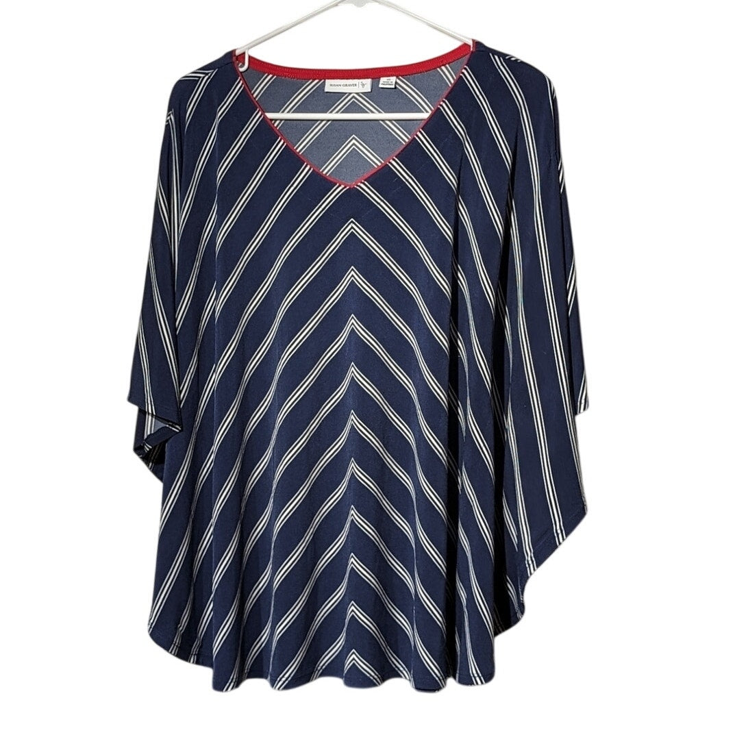 Susan Graver Navy Chevron Liquid Knit V-Neck Scarf Top Womens Sz XS