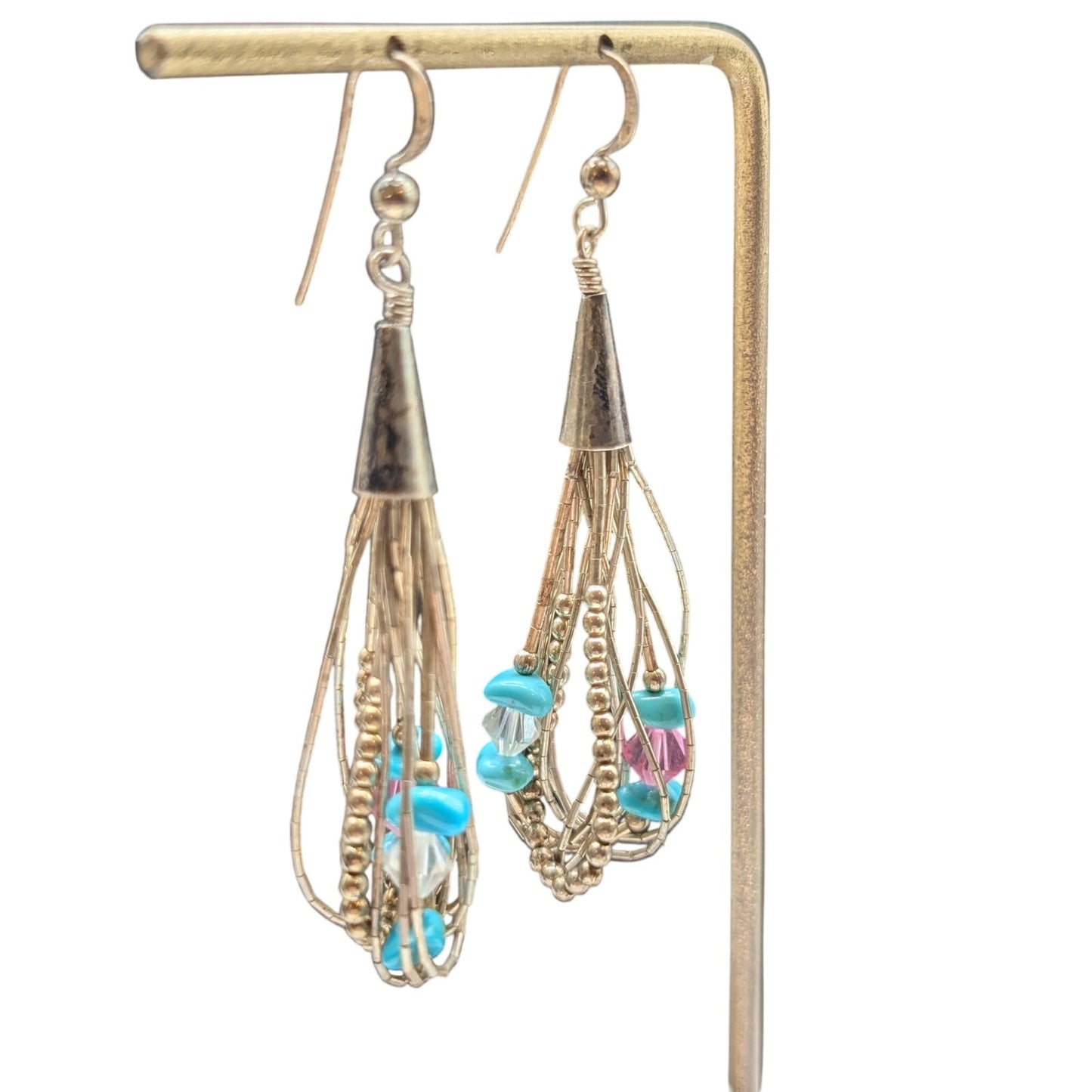 VTG Sterling Native American Liquid Silver Turquoise Crystal Bead Earrings