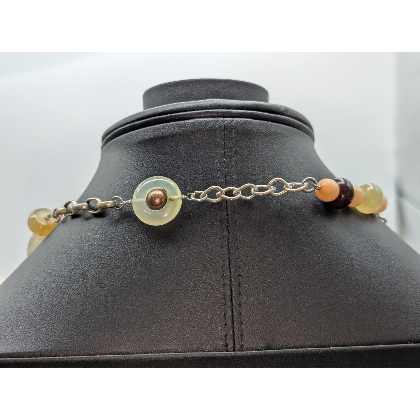 Vtg Green Brown Neutral Colors Stone & Glass Bead Silver Tone Chain Necklace