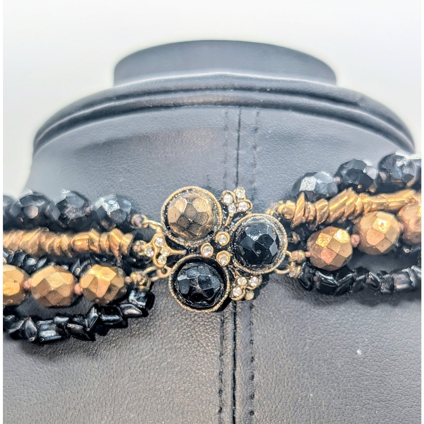 Vintage Vogue Five Strand Bronze Metallic Black Glass Multi-Bead 15.5" Necklace
