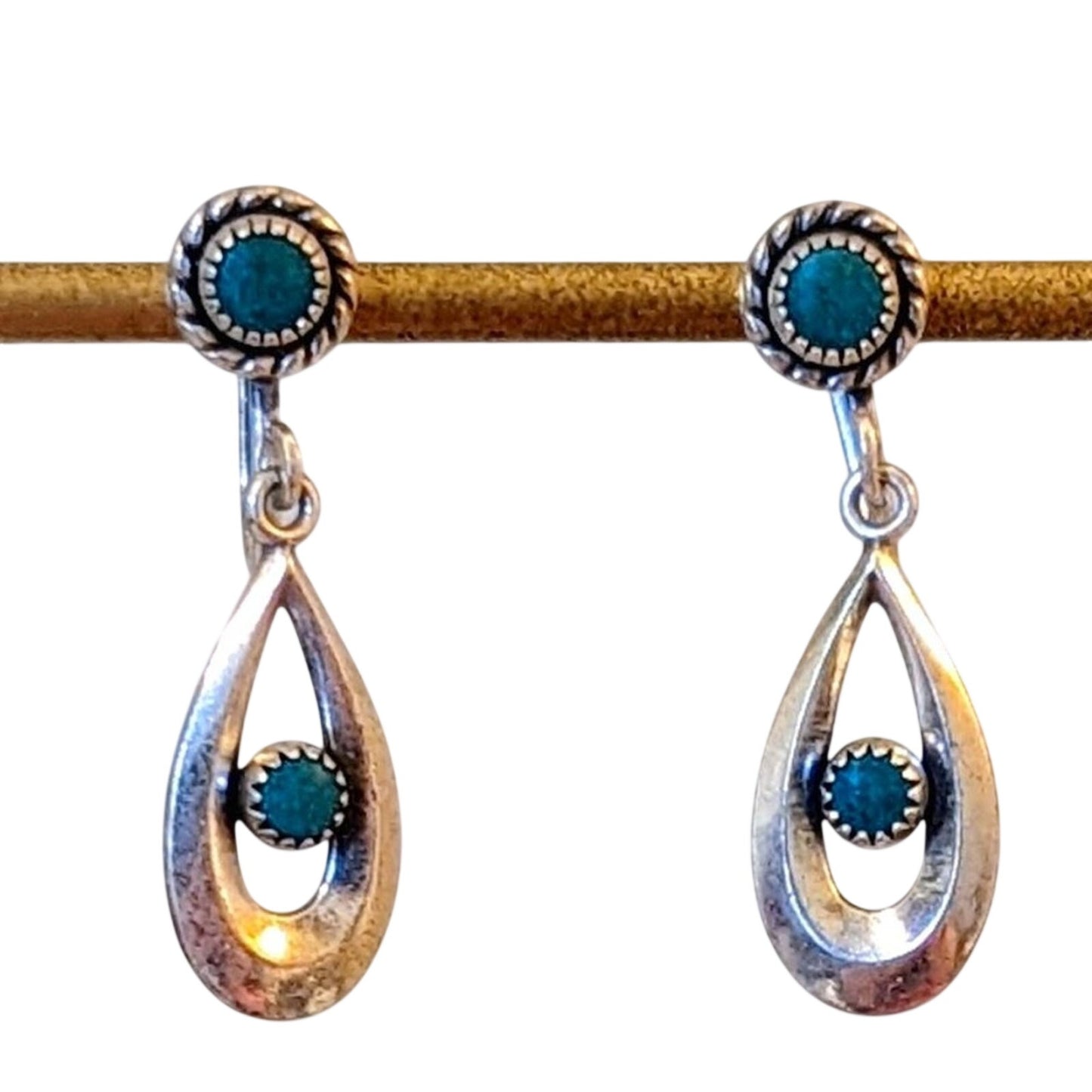 Vintage Marked Sterling Petit Point Turquoise Screw On Teardrop Dangle Earrings