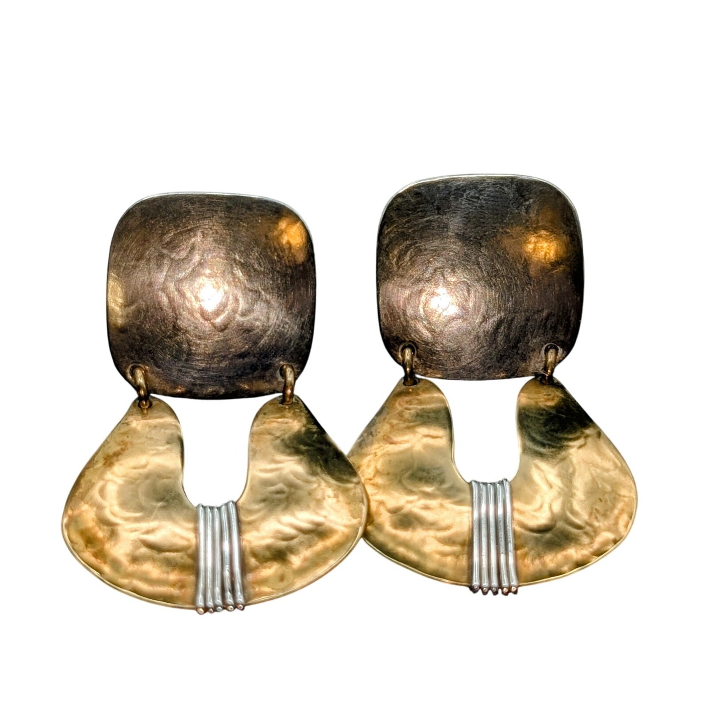 Marjorie Baer SF Signed Brass Mixed Metal Modern Dangle Drop Clip On Earrings