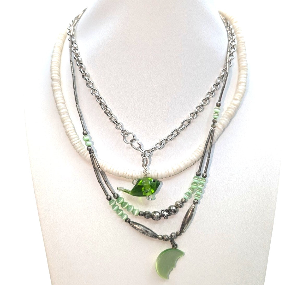 Lot of 3 Green Silver Tone Theme Boho Necklaces and a Beaded Wire Wrap Bracelet
