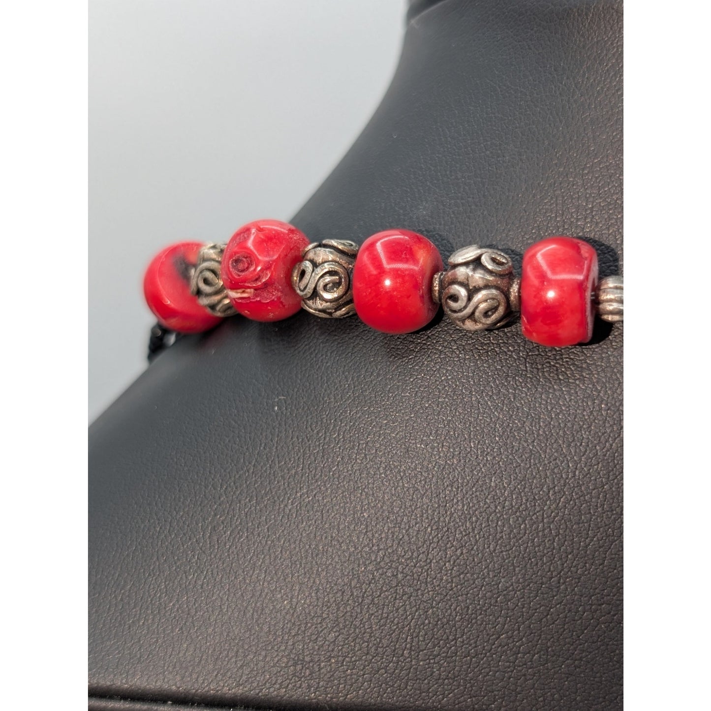 Heavy Coral Black Glass & Silver Beaded 925 Sterling Toggle Clasp 27.5" Necklace