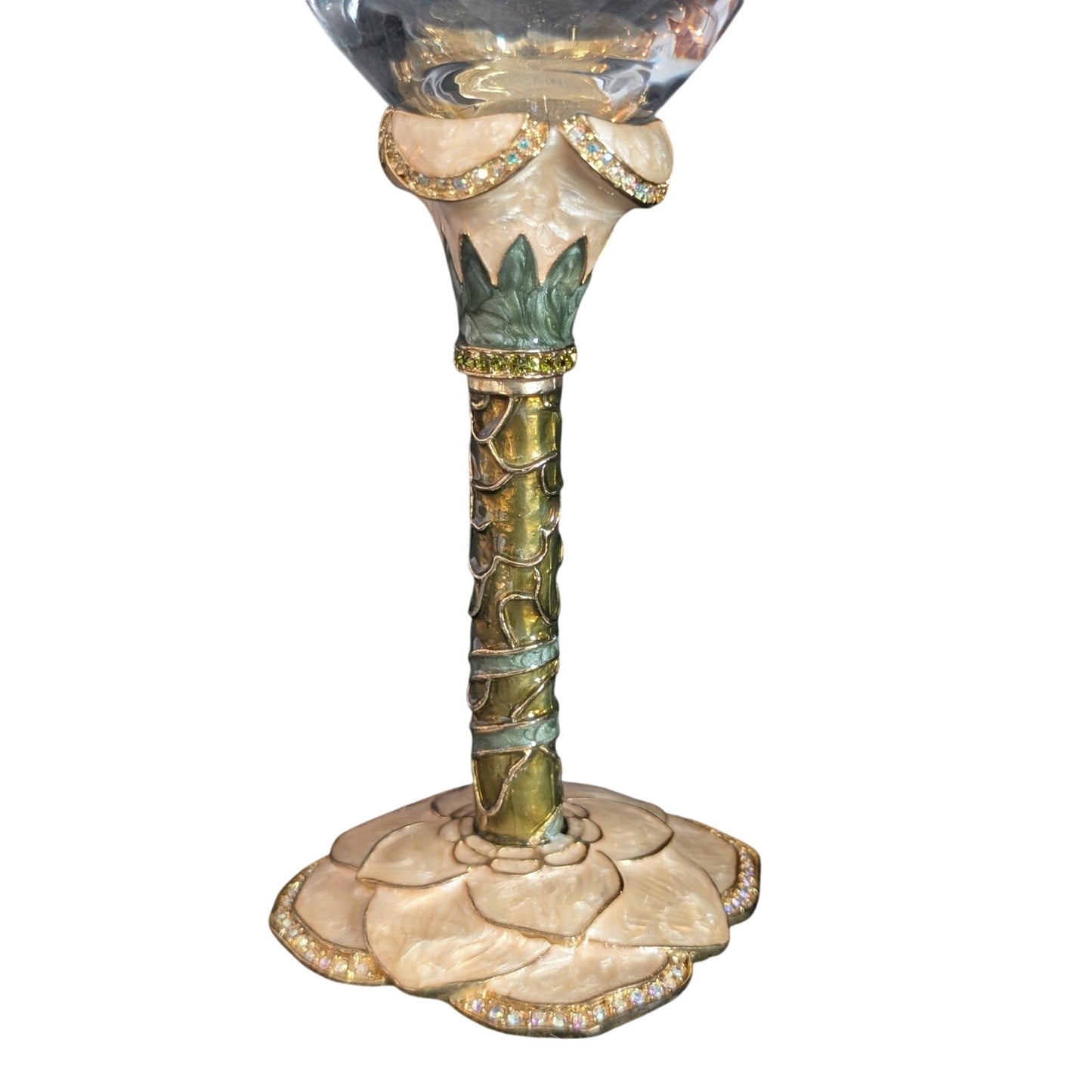 Vintage 2 Saints Tan Green Enamel Rhinestone Embellished Wine Goblet