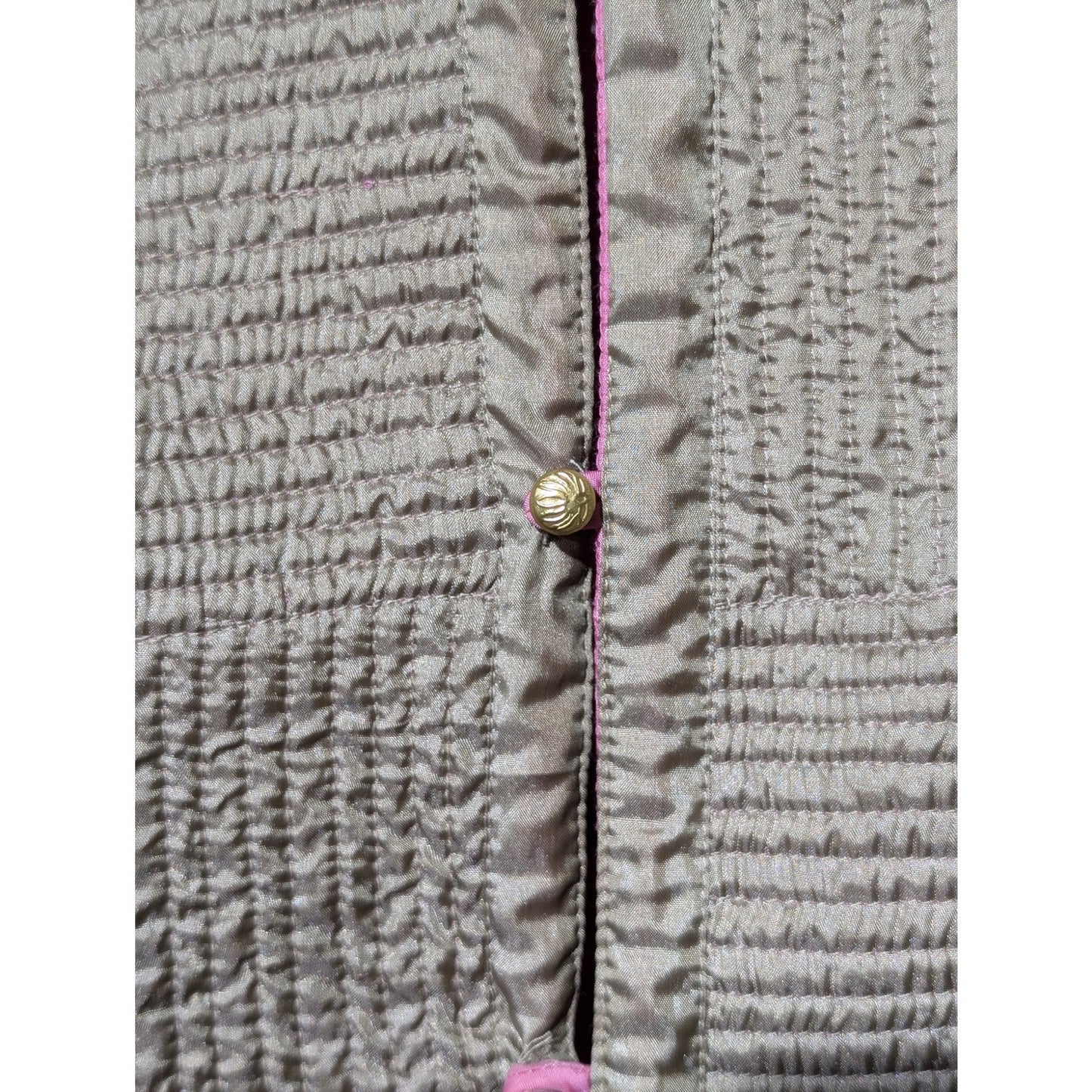 SAM HILU Tan & Pink Reversible Lightweight Quilted Jacket 100% Silk Womens Sz M