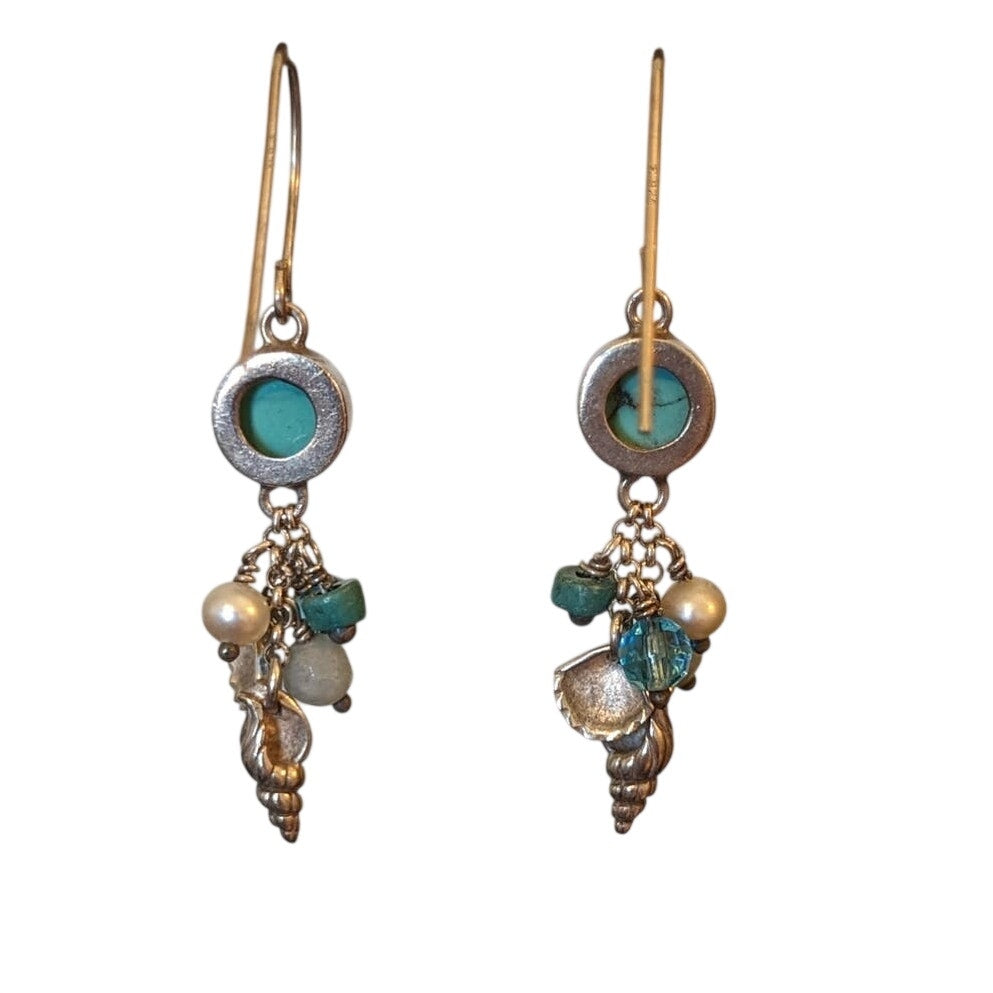 Marked 925 Sterling Wire Turquoise Seashell Beaded Dangle Earrings