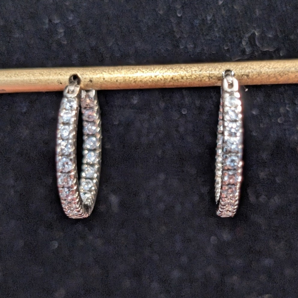 925 Sterling Silver Round CZ In & Out Snap Down Bar Medium Size Hoop Earrings
