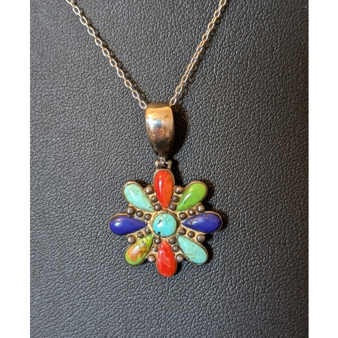 Vintage Southwest Navajo Sterling Multi Gemstone Flower Pendant 925 Silver Chain
