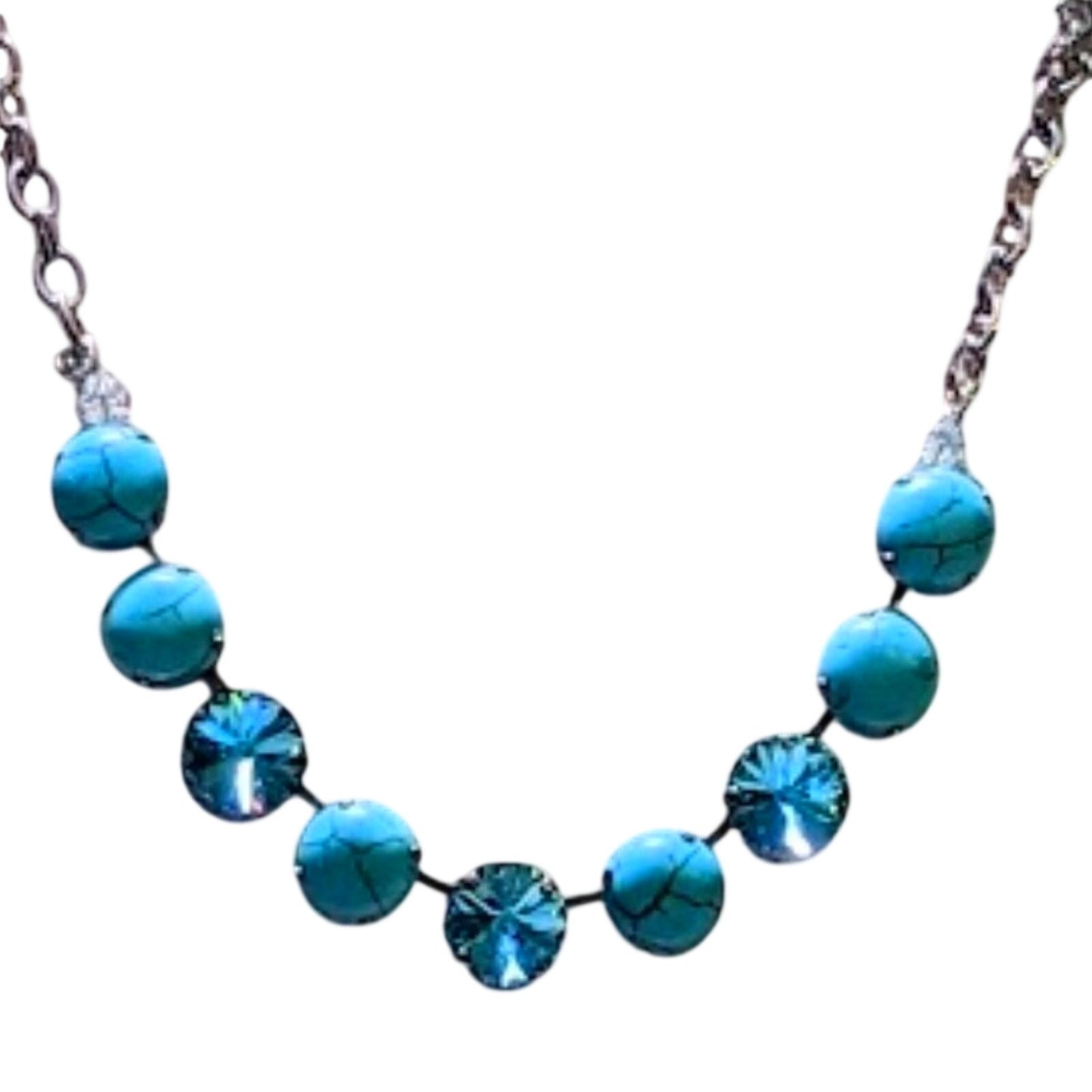 Turquoise Color Howlite with Aqua Crystals on Silver Tone Necklace