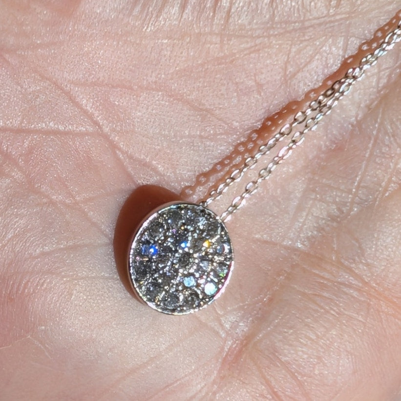 Vintage 925 Sterling Silver Pave CZ 1/2" Round Pendant 18" Chain Necklace