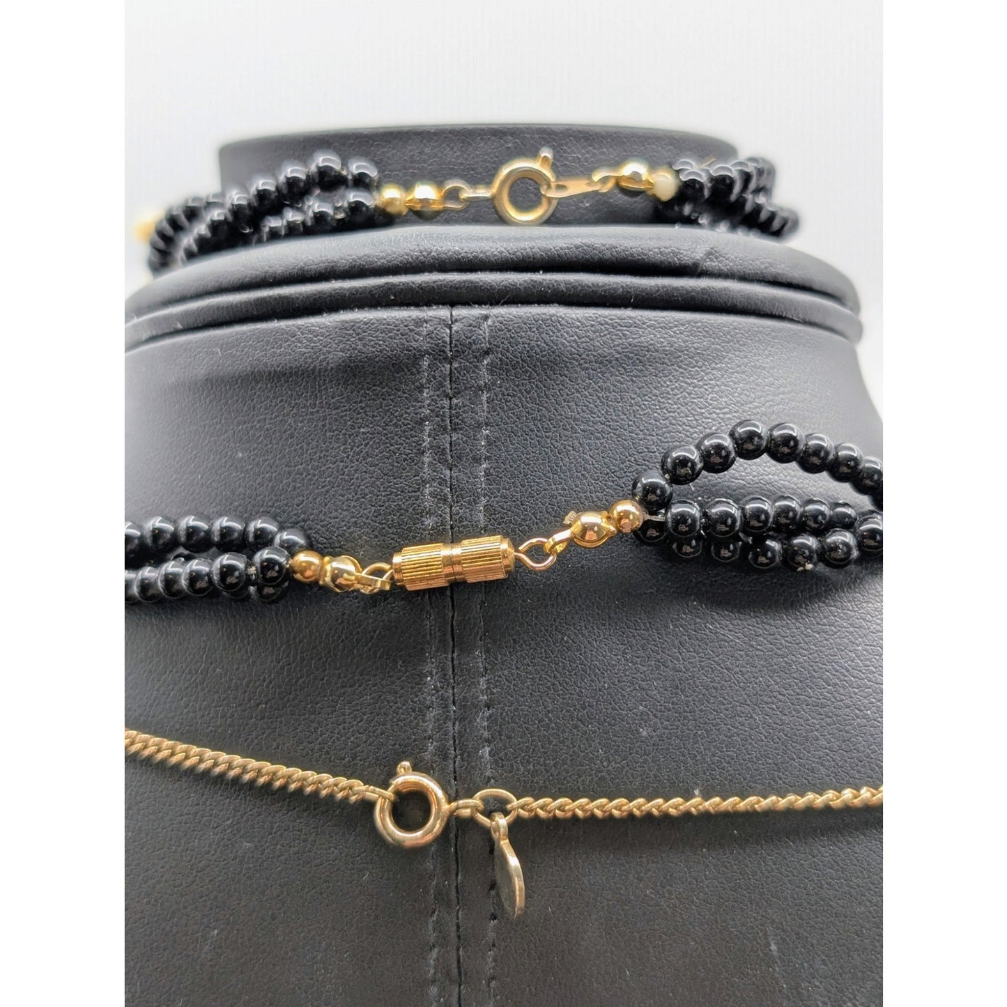 3 Piece Lot--Two Vintage Black Bead Gold Tone Necklaces & One Matching Bracelet