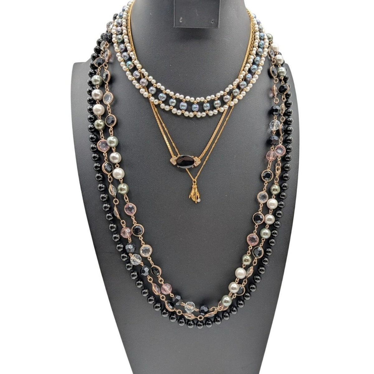 Lot of 17 Pieces Black Cream Gold Tone Jewelry Necklaces Bracelets Earrings Ring