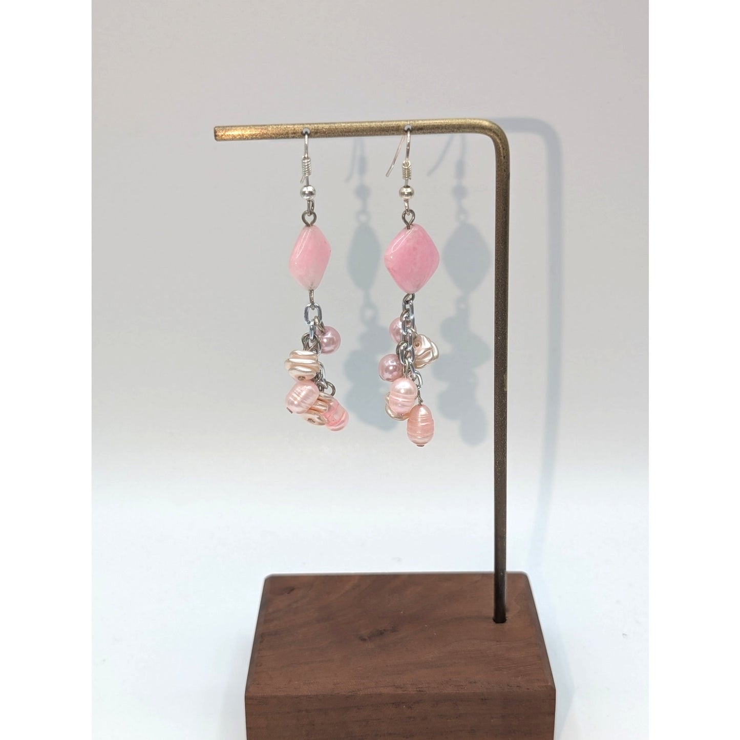 Silver Tone Pink Stone Pink Pearl Cluster Dangle Earrings